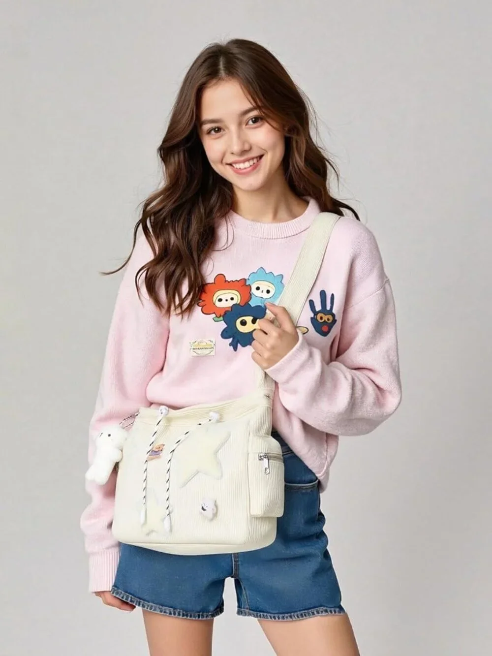 Women's White Zipper Kawaii Corduroy Star Crossbody Shoulder Purse
